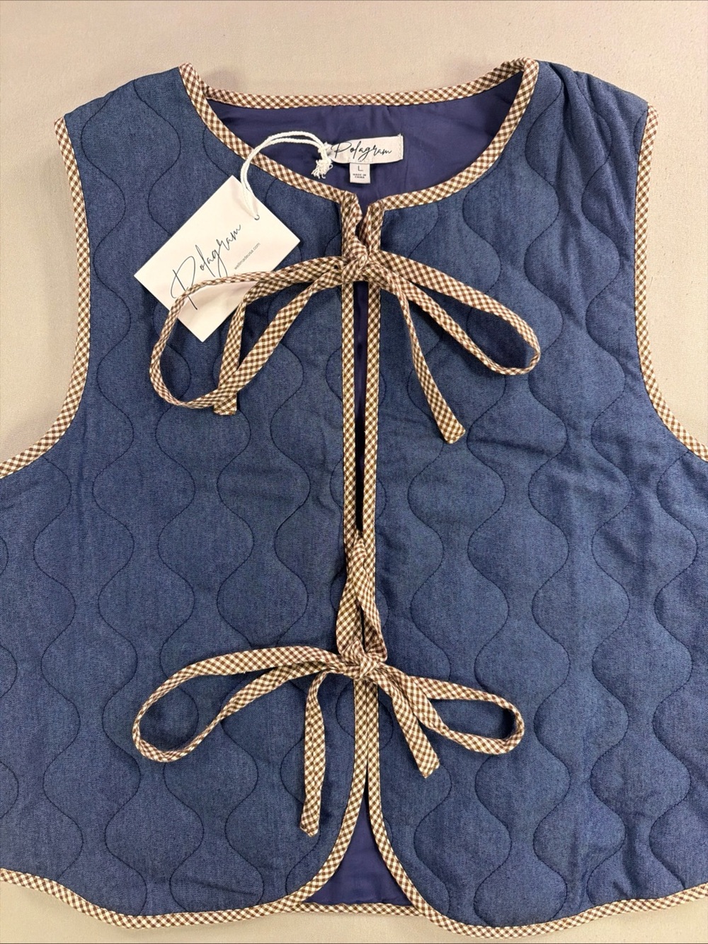 Polagram Blue Quilted Vest with Check Trim - Picture 3 of 14